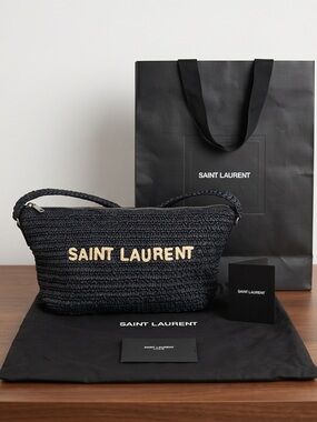 Saint Laurent Black Raffia Shoulder Bag with Contrast Cream Logo